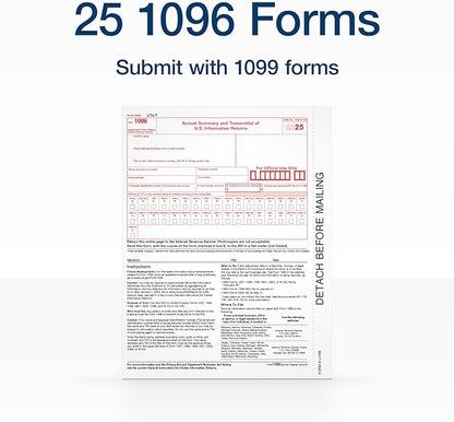 Adams 1096 Forms 2025, 1-Part Summary Transmittal Forms for 25 Recipients, Compatible with Inkjet & Laser Printers, 25 Sets per Pack, IRS Compliant (1017226)