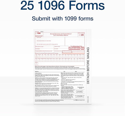 Adams 1096 Forms 2025, 1-Part Summary Transmittal Forms for 25 Recipients, Compatible with Inkjet & Laser Printers, 25 Sets per Pack, IRS Compliant (1017226)