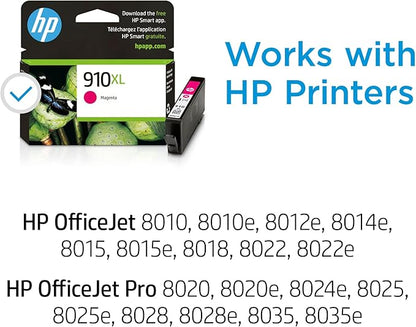 HP 910XL Magenta High-Yield Ink Cartridge | Works with OfficeJet 8010, 8020 Series, OfficeJet Pro 8020, 8030 Series | Eligible for Instant Ink | 3YL64AN