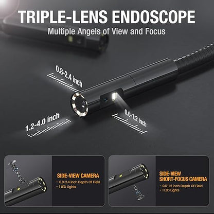 Triple Lens Borescope Inspection Camera, Teslong Professional Endoscope with Light, Digital Video Scope Camera, 5" IPS Screen, Waterproof Flexible Cable for Automotive/Home/Wall/Pipe/Car (16.5FT)