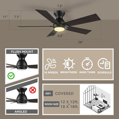 SMAAIR 48 Inch Smart Ceiling Fan with Light and Remote, Flush Mount Modern Ceiling Fan with lights,Compatible with Alexa/Google Assistant/Siri,Timer and Schedule,10 Speed DC Motor, Wooden/Walnut