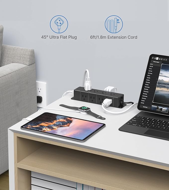 30W USB C Power Strip Surge Protector,Ultra Thin Flat Plug Power Strip 4 Side 12 Outlets,1 PD Fast Charing,2 USB-C, 2 USB-A(4 USB Total 40W),6ft Slim Extension Cord,16 in 1 Desk Power Bar,1200J Black
