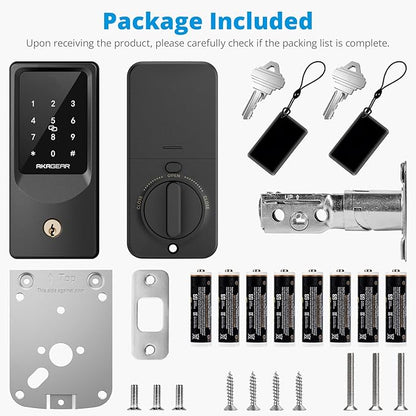 AkaGear WiFi Smart Lock Keyless Entry Door Lock with 8xAA Batteries, App Remote Control, Touchpad Keypad Deadbolt for Front Door, Auto Lock, Keys, Fob Card, PIN Code Unlock, 8-Month Battery, T02 Mini