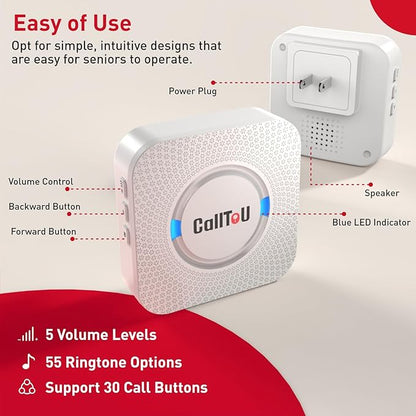CallToU Caregiver Pager Wireless Call Button Nurse Alert System 500+ Feet for Home/Elderly/Patient/Disabled 2 Plugin Receiver 1 Waterproof Transmitter
