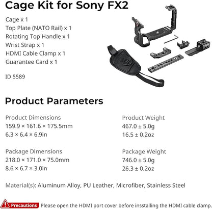 SMALLRIG Camera Cage Kit for Sony FX2, HawkLock Quick Release Cage with Top Handle, Wrist Strap and Cable Clamp for HDMI,Built in NATO Rail/QR Plate for Arca, Compatible with Original XLR Handle