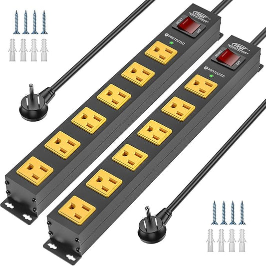 CRST 2Pack 6 Outlet Surge Protector Power Strip 2100J with Switch, 15A/1875W Heavy Duty Mountable Power Strip, Wide Spaced Power Bar for Garage Workspace Home School, 6 FT Cord（ Black+Yellow）