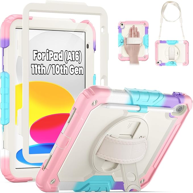 SEYMAC Case for iPad (A16) 11th/10th Generation 2025/2022 (11″/10.9″), Sturdy Heavy Duty Full-Body Shockproof Protective Case with Screen Protector, Rotating Stand, Hand/Shoulder Strap, Colorful/Pink