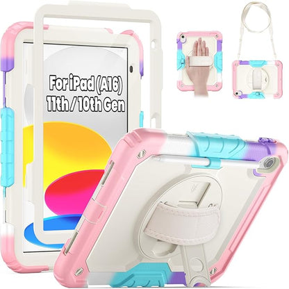SEYMAC Case for iPad (A16) 11th/10th Generation 2025/2022 (11″/10.9″), Sturdy Heavy Duty Full-Body Shockproof Protective Case with Screen Protector, Rotating Stand, Hand/Shoulder Strap, Colorful/Pink