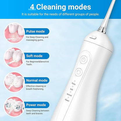 R REVA Portable Water Flosser for Teeth - 4 Modes Cordless Oral Irrigator with 300ML Tank, 360° Rotating Nozzle, 4 Jet Tips, Rechargeable, IPX7 Waterproof, Low Noise Gravity Ball Design (M159 - White)