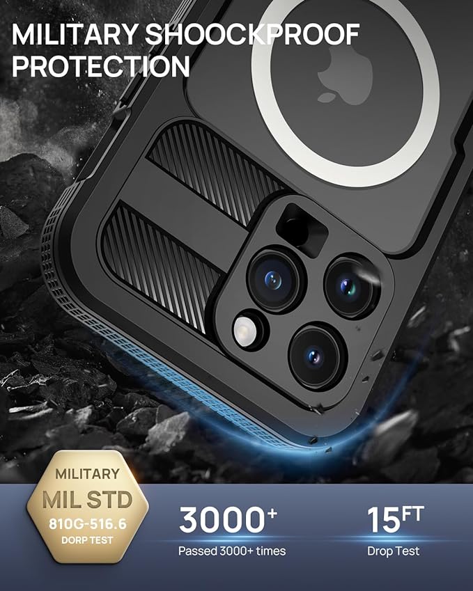 Lanhiem Magnetic for iPhone 15 Pro Max Case, IP68 Waterproof Dustproof Case, [Compatible with Magsafe] [Built-in Screen Protector] Full Body Heavy Duty Rugged Phone Cover 6.7 inch, Black/Clear