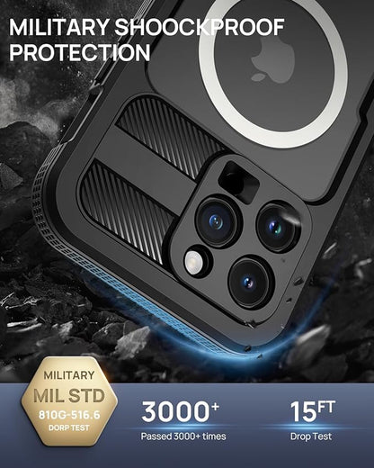 Lanhiem Magnetic for iPhone 15 Pro Max Case, IP68 Waterproof Dustproof Case, [Compatible with Magsafe] [Built-in Screen Protector] Full Body Heavy Duty Rugged Phone Cover 6.7 inch, Black/Clear