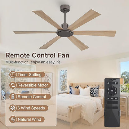 WINGBO 60 Inch Ceiling Fan without Light - 6 Plywood Blades, 6-Speed Reversible DC Motor, Noiseless Remote Control Ceiling Fan No Light for Bedroom Living Room Kitchen, Charcoal Gray and Wood/Black