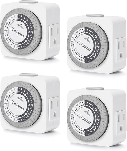 G-Homa Timers for Electrical Outlets, 24 Hour Indoor Plug-in Mechanical Timer Mini, 30 Minute Intervals, 3-Prong, Daily On/Off Cycle, for Lights, Lamps (4-Pack, ETL Listed)