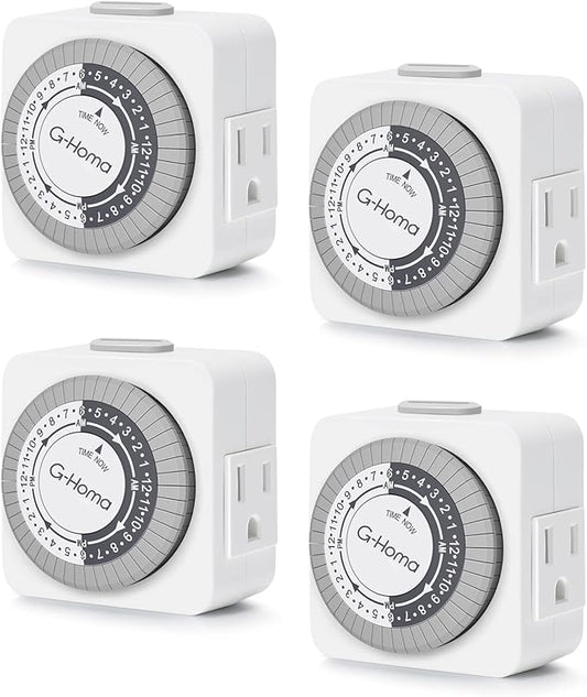 G-Homa Timers for Electrical Outlets, 24 Hour Indoor Plug-in Mechanical Timer Mini, 30 Minute Intervals, 3-Prong, Daily On/Off Cycle, for Lights, Lamps (4-Pack, ETL Listed)