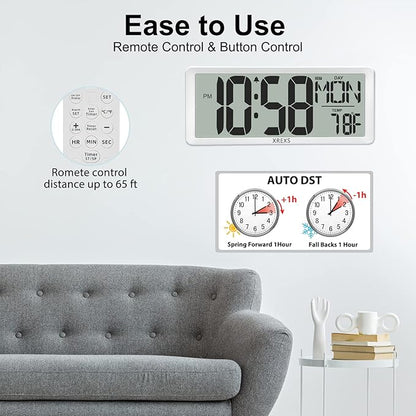 XREXS Digital Wall Clock with Backlight (Not Constantly Illuminated), 14.17 Inch Large Wall Clock with Remote Control, Count Down Timer, Battery Operated Digital Clock with Temperature, Date&Week