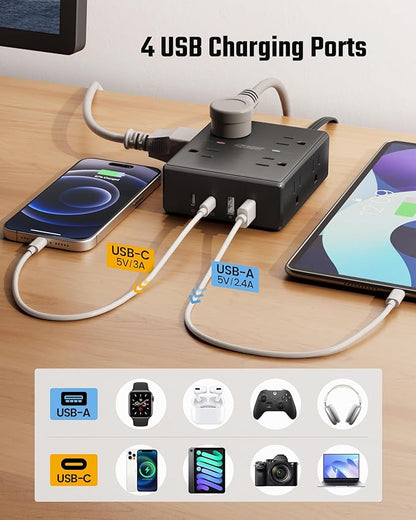 10Ft Extension Cord with Multiple Outlets, Flat Plug Power Strip Surge Protector with 10 Ft Long Cord, 8 Outlet 4 USB Ports (2 USB C), Multi Outlet Wall Plug for Office, College, Dorm Room Essentials