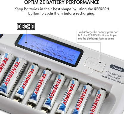 Tenergy TN438 16-Slot Smart Battery Charger for AA AAA NiMH NiCd Batteries with LCD Display + 8 AA and 8 AAA Premium Rechargeable Batteries
