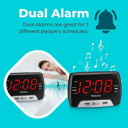 Westclox Large 1.4” Red LED Digital FM Clock Radio with Dual USB A & C Charging Ports, Adjustable Brightness, Dual Alarms & Sleep Timer – Modern Alarm Clock for Bedroom, Home, or Office (Black)
