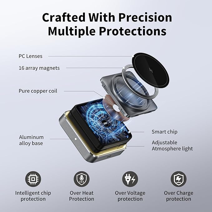 2025 Upgraded 3-in-1 Magnetic Wireless Charger,Charging Stand,Charging Station,for iPhone 12-16,iWatch,AirPods,Ultra-Safe, Foldable, with Adjustable Night Light & Included Adapter