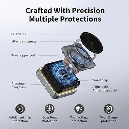 2025 Upgraded 3-in-1 Magnetic Wireless Charger,Charging Stand,Charging Station,for iPhone 12-16,iWatch,AirPods,Ultra-Safe, Foldable, with Adjustable Night Light & Included Adapter