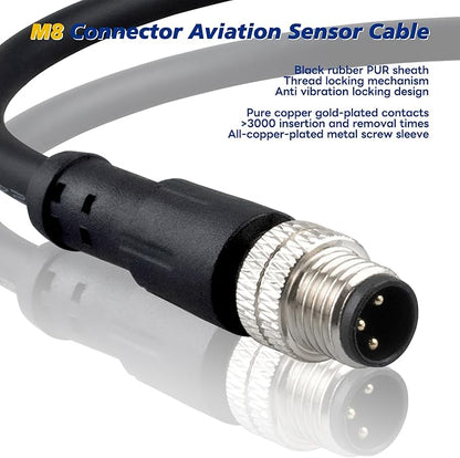 Lonlonty M8 3 Pin Male Socket Panel Aviation Wire,8mm Industrial Circular Sensor Connector Cable Shielded,Outdoor Waterproof IP67 A Coding 6.5Ft/2M