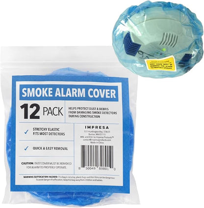 IMPRESA Pack of 12 Temporary Smoke Detector Cover Pack - Dust & Debris Barrier with Smoke Detector Dust Guard - Fire Alarm Cover for Renovation & Cooking - Alarm Caps for Construction