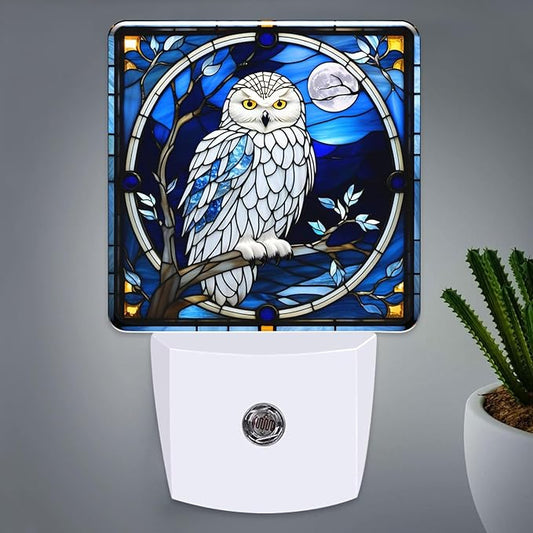 PODMemory Owl Stained Glass Night Lights Plug into Wall for Room, Owl Night Light LED for Bedroom