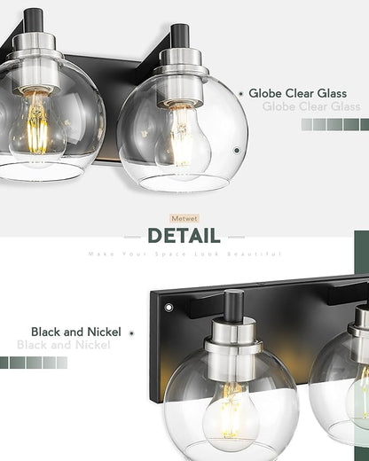 METWET Bathroom Light Fixtures, 4-Light Black and Brushed Nickel Bathroom Vanity Light, 26 Inch Modern Wall Sconces with Globe Clear Glass Shade, Vanity Lighting Fixtures Over Mirror, VL195-KN-4