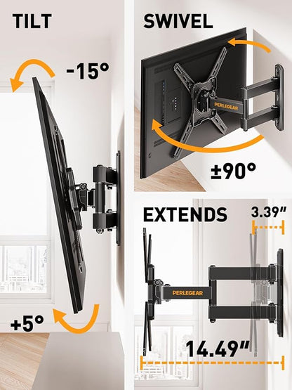 Perlegear Full Motion TV Wall Mount for Most 26–50 Inch TVs, Max VESA 300 x 300mm, TV Monitor Wall Mount Bracket with Rotation, Swivel, Tilt, Extension and Leveling Adjustment, Holds up to 55 lbs