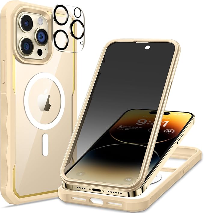 seacosmo for iPhone 14 Pro Max Case, Full Body Bumper with Built-in 9H Tempered Glass Privacy Screen Protector and Camera Lens Protector, Compatible with MagSafe, Shockproof Phone Case, 6.7", Gold