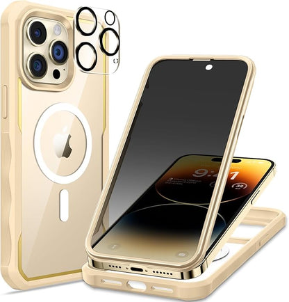 seacosmo for iPhone 14 Pro Max Case, Full Body Bumper with Built-in 9H Tempered Glass Privacy Screen Protector and Camera Lens Protector, Compatible with MagSafe, Shockproof Phone Case, 6.7", Gold