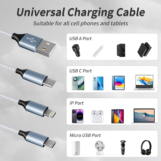IDISON Multi Charging Cable(3Pack 4FT), 3 in 1 Charging Cable Nylon Braided Multiple USB Cable Universal Charging Cord with Type-C, Micro USB and IP Port for Cell Phones and More