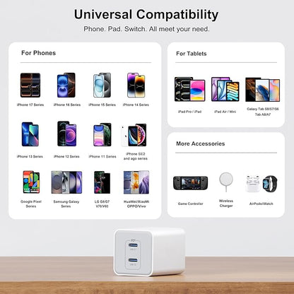 USB C Wall Charger 40W, 1 Pack Dual Port 20W PD 3.0 Type C Fast Charging Block, Durable Compact Power Adapter for iPhone 11/12/13/14/15/16/17 Pro Max, AirPods4，watch10 ultra2