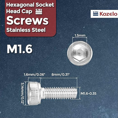 Kozelo 100pcs Socket Head Cap Screws - [M1.6-0.35 x 8mm] 304 Stainless Steel Allen Socket Drive for Electrical Motor 3D Printing Fan Engine Replacement Use, Silver