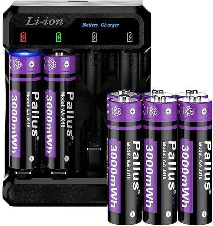 Pallus 1.5v Rechargeable Lithium AA Batteries with Charger - 8 Pack Long Lasting Double A Battery for Blink Camera, High Capacity AA Rechargeable Batteries, Cycles 1600x, Ideal for High-Drain Devices
