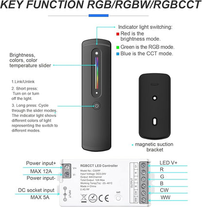2.4GHz RF RGBCCT LED Strip Controller Remote Kit, Wireless Remote & Tuya Controller Dimmer with Group Control Adjust Brightness/Color Touch Slide for PWM 6Pin COB LED Strip Light DC5V DC12V DC24V