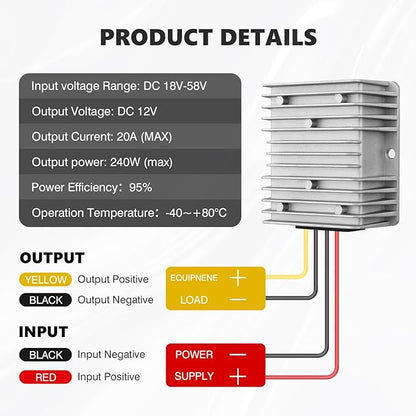 Forccord 2-Pcs Voltage Converter for Golf Cart DC 18V 20V 24V 36V 48V Step Down to DC 12V Step Down to 12V 20A 240W Converter Voltage Regulator Reducer 20A 240W with Fuse