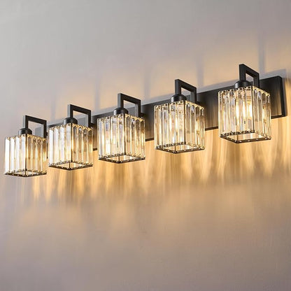 FDPBY Black Bathroom Light Fixture, 5-Light Crystal Vanity Lighting, Bathroom Lighting Fixtures Over Mirror, Modern Crystal Wall Lamp