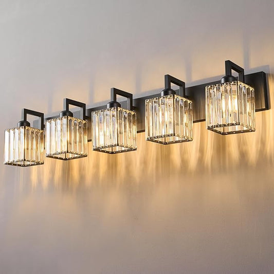 FDPBY Black Bathroom Light Fixture, 5-Light Crystal Vanity Lighting, Bathroom Lighting Fixtures Over Mirror, Modern Crystal Wall Lamp