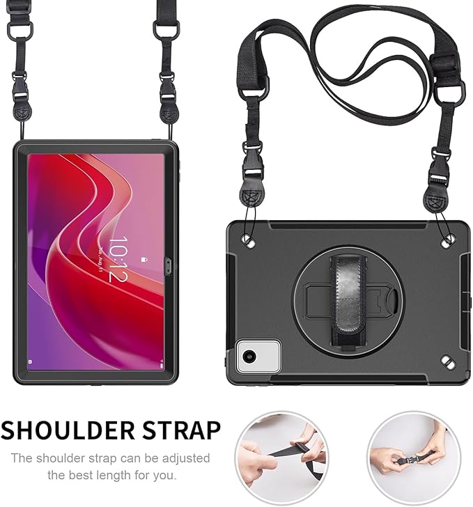 Junfire Protective Case for Lenovo Tab M11/Tab K11 LTE 11-inch 2024, Shockproof Rugged Case with 360°Rotating Kickstand/Hand Strap/Shoulder Strap/Pencil Holder for TB-330FU/330XU-Black