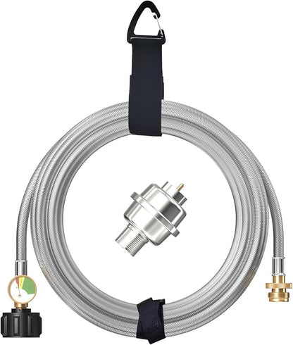 10FT Stainless Braided Propane Adapter Hose with Gauge, Adapter Hose with QCC1/Type1 Adapter Connect 20-45 lb Propane Tank (10FT Extension Hose/Propane Fuel Filter) for Mr Buddy Heater and Big Buddy