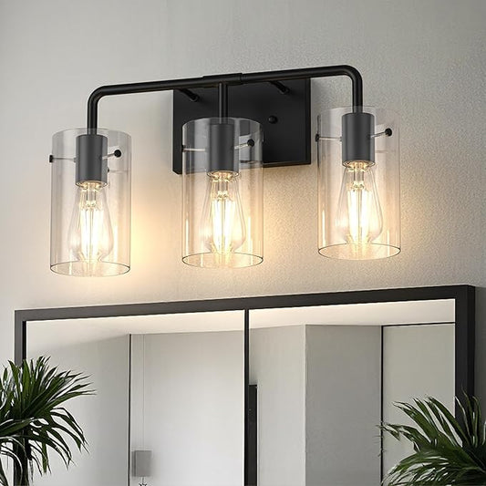 L LOHAS LED 3-Light Bathroom Light Fixtures, 17.71" Black Bathroom Vanity Light with Straight Glass Shades, Modern Vanity Lights for Bathroom Light Fixtures Over Mirror Living Room Hallway, E26, ETL