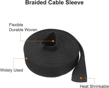 MECCANIXITY Braided Cable Sleeves Heat Shrinkable Fabric Sleeving, 3/8" 10ft Black 2:1 Ratio Heat Shrinkable Cord Protector for Harness Cable, Network Cable Protection, Cable Management