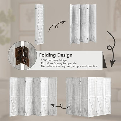 ALeesing 6 Panel Pegboard Room Divider, 5.6Ft Pegboard Display Folding Privacy Screens, Wood Room Divider Peg Board Display Freestanding for Trade Show Craft Show Home Wall Organizer, Retro White