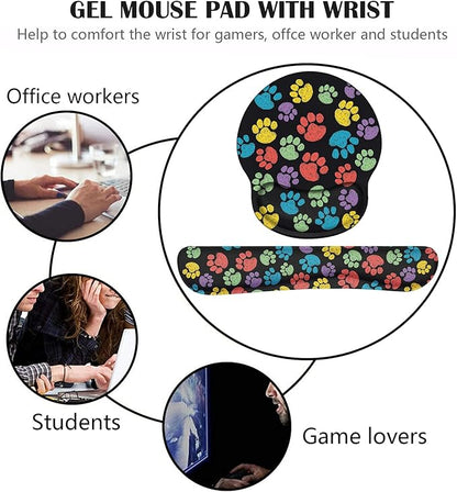 Keyboard Wrist Rest and Mouse Pad Wrist Support Set with Coasters, Non-Slip PU Base Ergonomic Gaming Mousepad for Home Office Working Studying Easy Typing & Pain Relief, Colorful Dog Paw Print