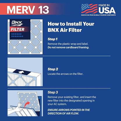 BNX TruFilter 14x14x1 Air Filter MERV 13 (6-Pack) - MADE IN USA - Electrostatic Pleated Air Conditioner HVAC AC Furnace Filters for Allergies, Pollen, Mold, Bacteria, Smoke, Allergen, MPR 1900 FPR 10