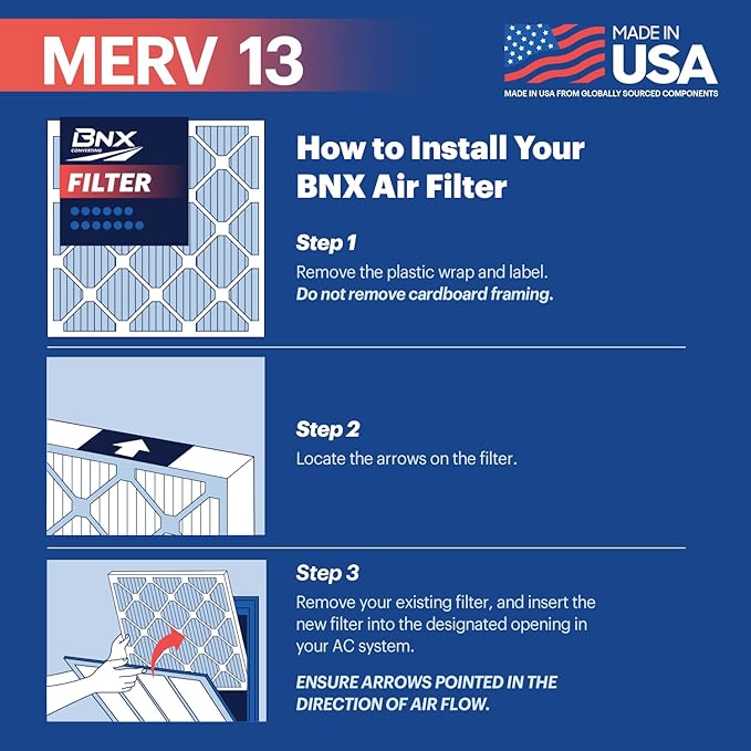 BNX TruFilter 12x12x1 Air Filter MERV 13 (6-Pack) - MADE IN USA - Electrostatic Pleated Air Conditioner HVAC AC Furnace Filters for Allergies, Pollen, Mold, Bacteria, Smoke, Allergen, MPR 1900 FPR 10