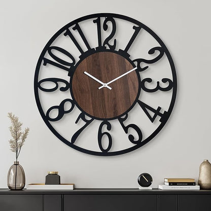 Casaformia 32'' Large Silent Wall Clock with Night Light, Glow in The Dark Decorative Wall Clock Battery Operated, Rustic Modern Metal & Wood Clocks for Bedroom Living Room Decor, Arabic Numerals