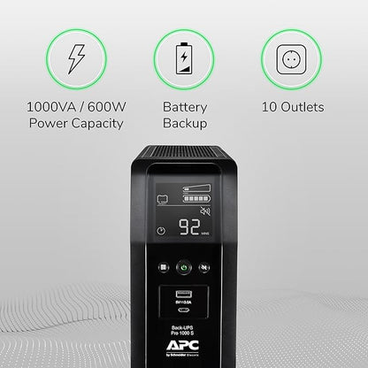 APC UPS Back-UPS Pro, 1000VA Sinewave UPS Battery Backup & Surge Protector, LCD, AVR, BR1000MS