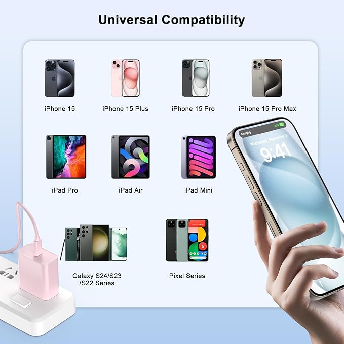 Matsusho iPhone 16 15 Charger Fast Charging 10 FT, 2 Pack 20W USB C Wall Charger with 10FT Type C Charger Fast Charging Cable for iPhone 16/16 Plus/16 Pro/16 Pro Max/15/15 Pro/15 Pro Max/15 Plus, Pink